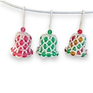 Vintage Hand beaded Christmas Bell Ornaments Multicolor Set of 3 Handmade